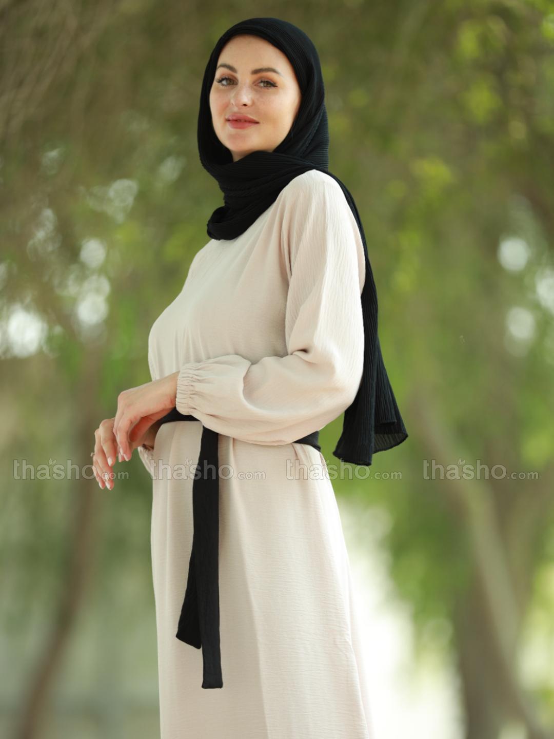 Black and Almond CEY Modest Dress with a Belt 