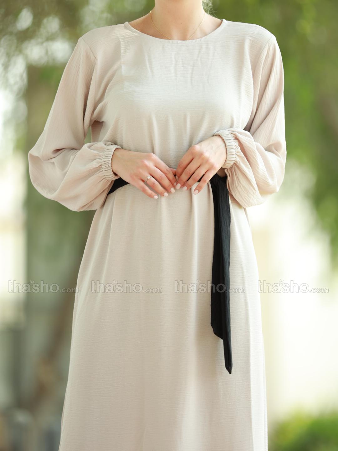 Black and Almond CEY Modest Dress with a Belt 