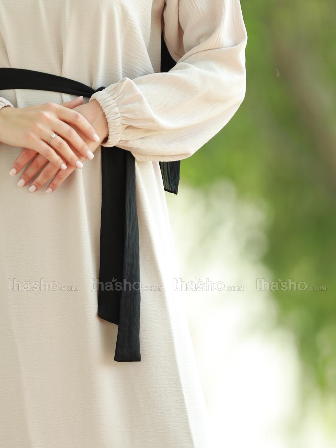 Black and Almond CEY Modest Dress with a Belt 