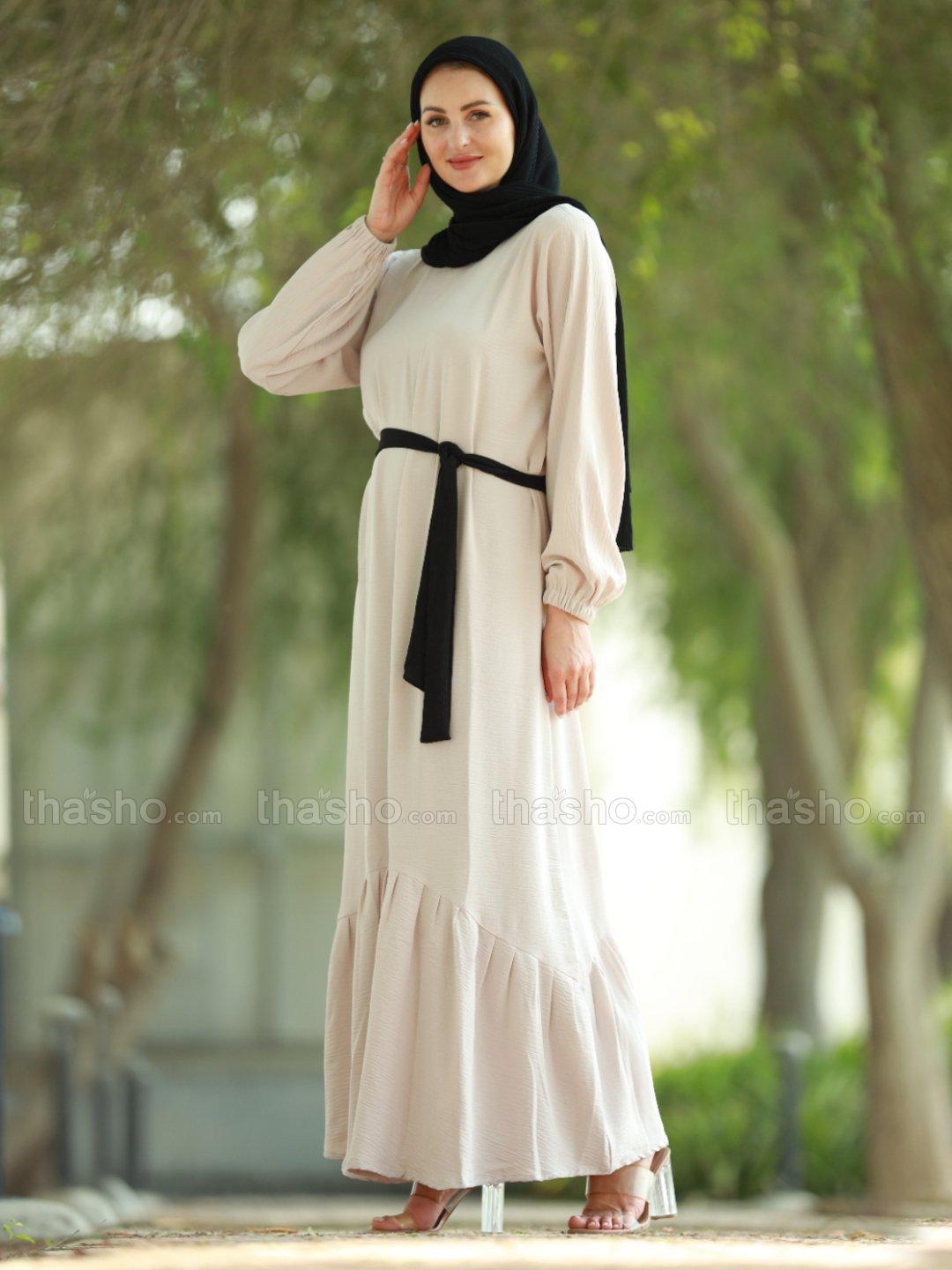 Black and Almond CEY Modest Dress with a Belt 