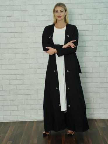 Black and Off White CEY Modest Dress with Shrug, Pearl Work, and Belt.