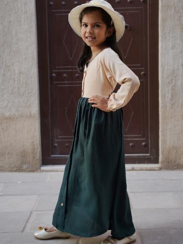 Cream and Dark Green Kids Modest Dress with Show Buttons on the Front
