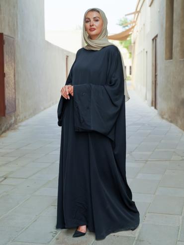 Black Nida Matte Farasha with Crystal Work on the Bottom of the Sleeves