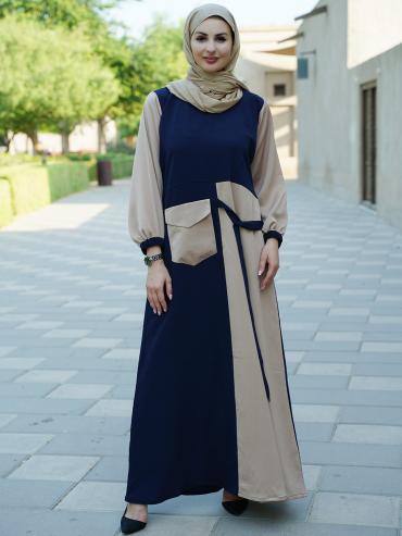 Beige and Navy Blue Zoom Abaya with One Side Pocket and Attached Belt