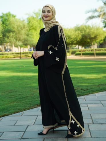 Black Abaya with Beige Band work and Floral Embroidery