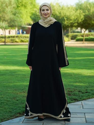 Black Abaya with Beige Band work and Floral Embroidery