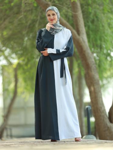 Dark Grey and Off White Modest Dress by CEY with Belt