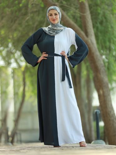 Dark Grey and Off White Modest Dress by CEY with Belt