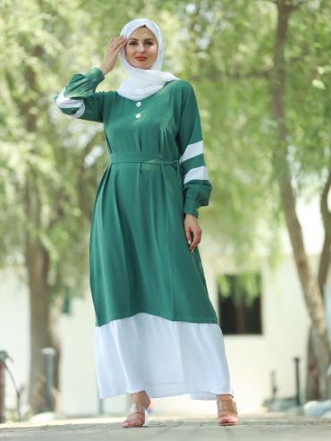 Teal and Off White Modest Dress with Show Buttons and Belt.