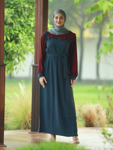 Maroon and Dark Grey CEY Modest Dress with Belt.