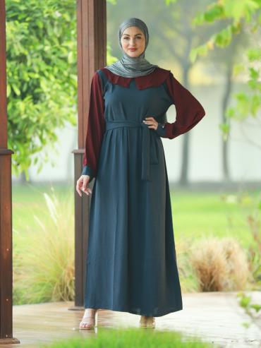 Maroon and Dark Grey CEY Modest Dress with Belt.