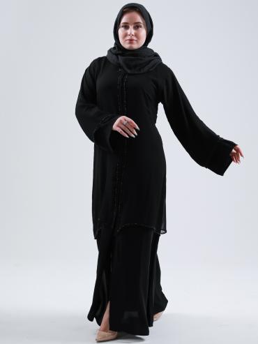 Black Front Open Abaya with Attached Shrug and Handwork.