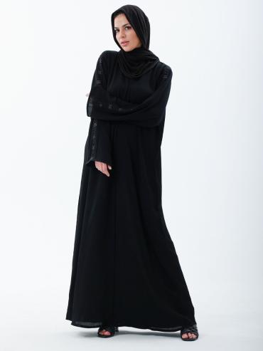 Black Abaya by Gulf Zoom with Handwork on Sleeve