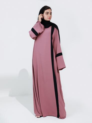 Black Abaya with Simple Puce Pink Abaya with Band on Front.