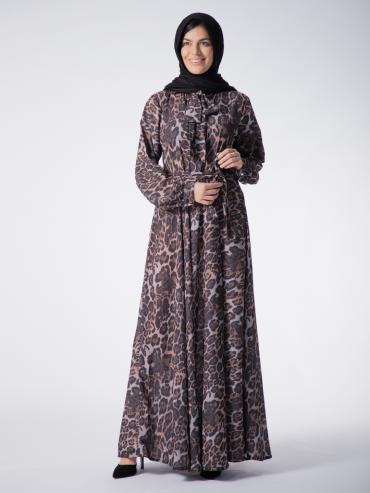 Elegant Modest Dress with a TieUp Neck in Tiger Print