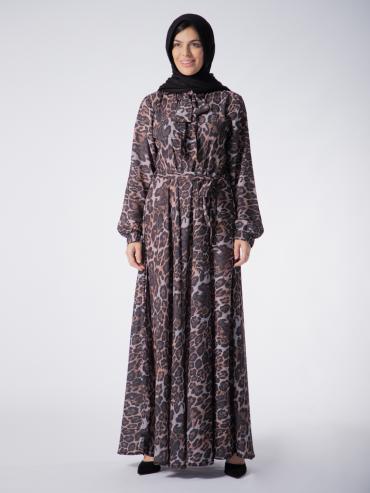 Elegant Modest Dress with a TieUp Neck in Tiger Print