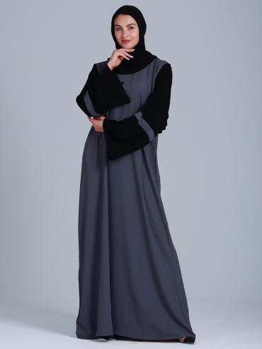 Abaya With Black Show Button On Front in Dark Grey.