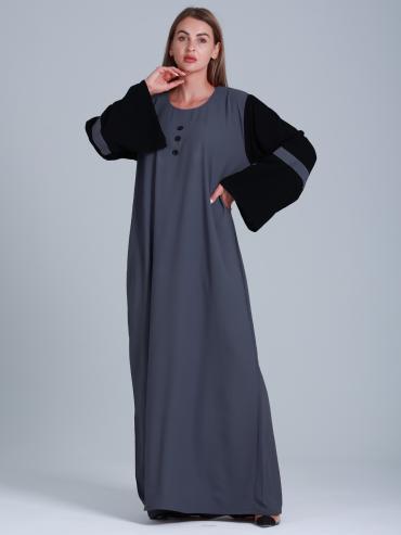 Abaya With Black Show Button On Front in Dark Grey.