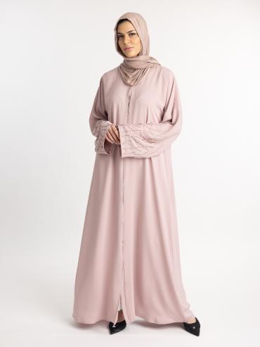  Blush Pink Classic Front Open Abaya with Handwork on the Sleeves 