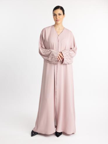  Blush Pink Classic Front Open Abaya with Handwork on the Sleeves 