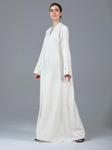 Off White Elegant Moon Embroidery Linen Abaya
