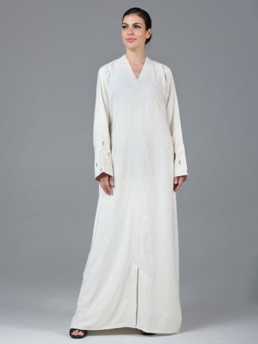 Off White Elegant Moon Embroidery Linen Abaya