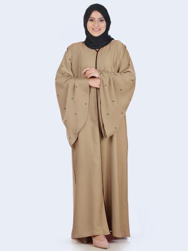 Beige Simple Abaya with Pearl Work on the Sleeves