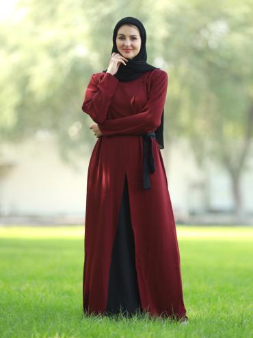 Maroon and Black Modest Dress with an Attached Shrug and a Belt
