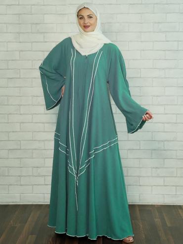 Turquoise Modest Abaya with White Overlock Design on the Front and Sleeves 