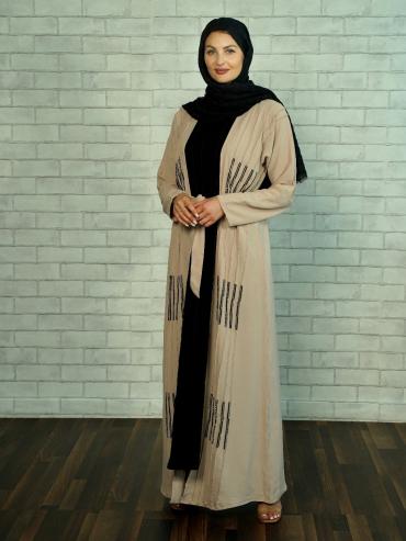 Almond and Black Modest Dress by CEY with Shrug Belt and Crystal Hand Work on Front