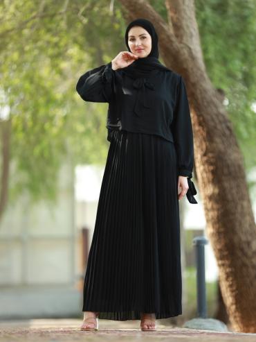 Black Pleated Modest Dress with a TieUp Neck and Sleeves 
