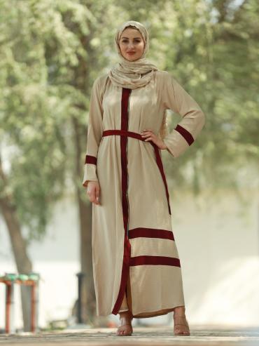Stylish Cream CEY Modest Dress with Maroon Band Work and a Belt