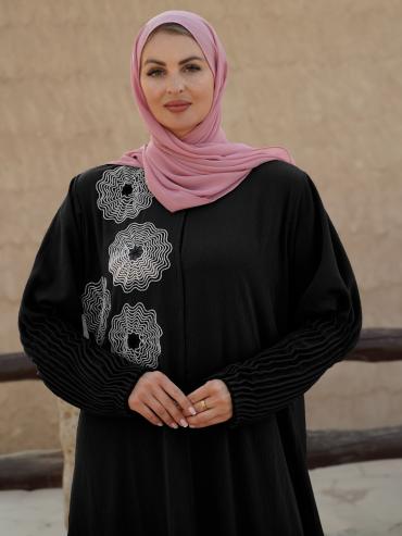 Black Zoom Simple Front Open Abaya with Crystal Hand Work and Pleat Work on the Sleeves 