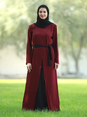 Maroon and Black Modest Dress with an Attached Shrug and a Belt