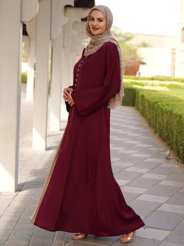 Stylish Beige and Maroon Abaya with a Slit at the Front and Show Buttons