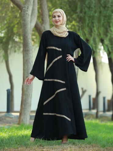 Black Nida Matte Abaya with Beige Band Work