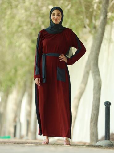 Maroon and Dark Grey Modest Dress with a One Side Pocket and a Belt 