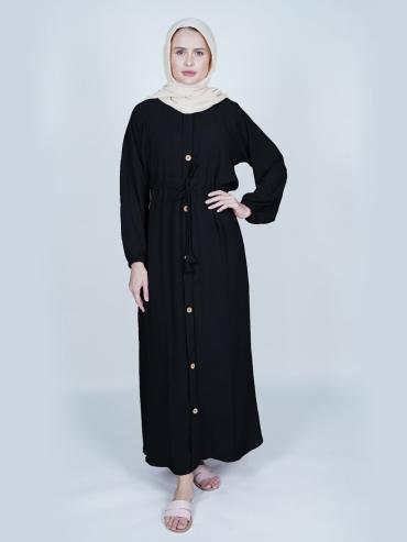 Black Modest Dress with a tieup Knot and Show Buttons on the Front 