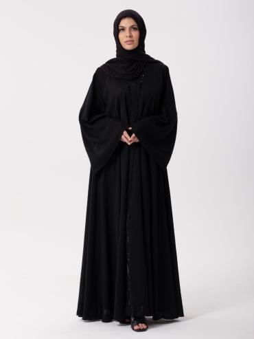 Black Modest Abaya with Handwork on the Front 