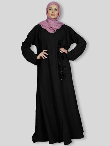 Black Masha Crepe simple Abaya with Crystal Handwork 