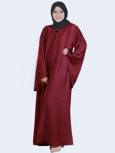 Maroon Simple Abaya with Pearl Work on the Sleeves 
