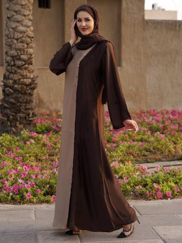 Coffee Brown and Beige Abaya with Show Buttons on the Front 