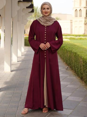 Stylish Beige and Maroon Abaya with a Slit at the Front and Show Buttons