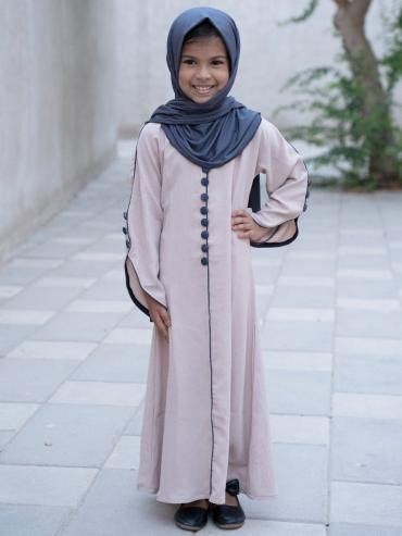 Almond Kids Abaya with Show Buttons on the Front and Sleeves 