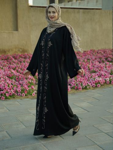 Black Zoom Modest Dress with Crystal Handwork on the Front and Sleeves