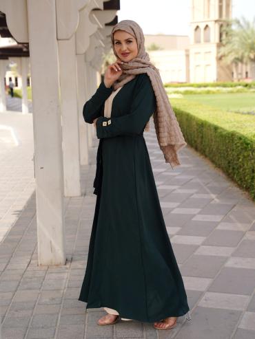 Cream and Dark Green Shrug Abaya with a Belt and Show Buttons on the Front 