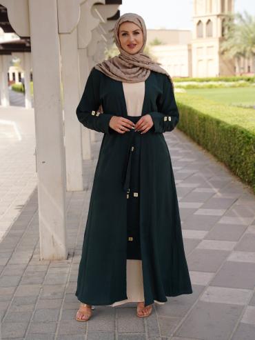 Cream and Dark Green Shrug Abaya with a Belt and Show Buttons on the Front 