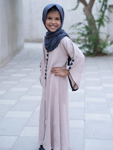 Almond Kids Abaya with Show Buttons on the Front and Sleeves 