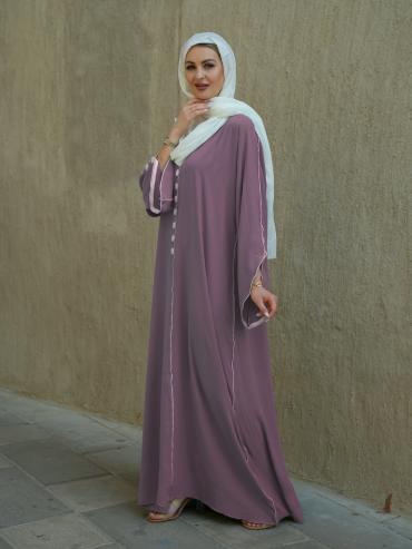 Dull Magenta Modest Abaya with White Piping and Show Buttons on the Front and Sleeves 