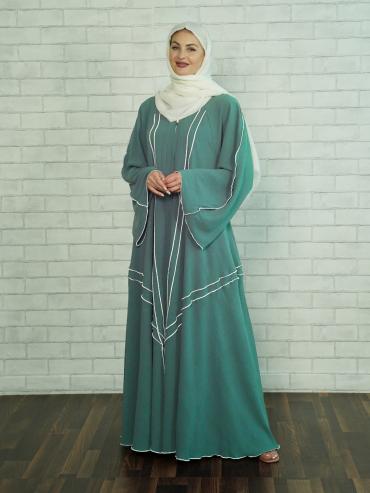 Turquoise Modest Abaya with White Overlock Design on the Front and Sleeves 